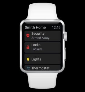 Close-up view of a smart watch showing remote control options for security system actions.